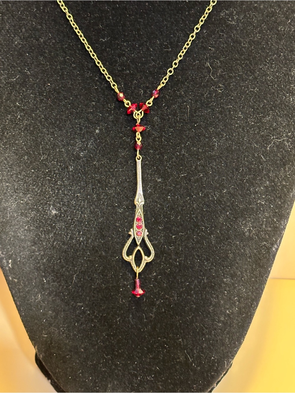Robert Rose Brass Necklace with Ruby Red Crystal Accents 14”+2” - Picture 2 of 10